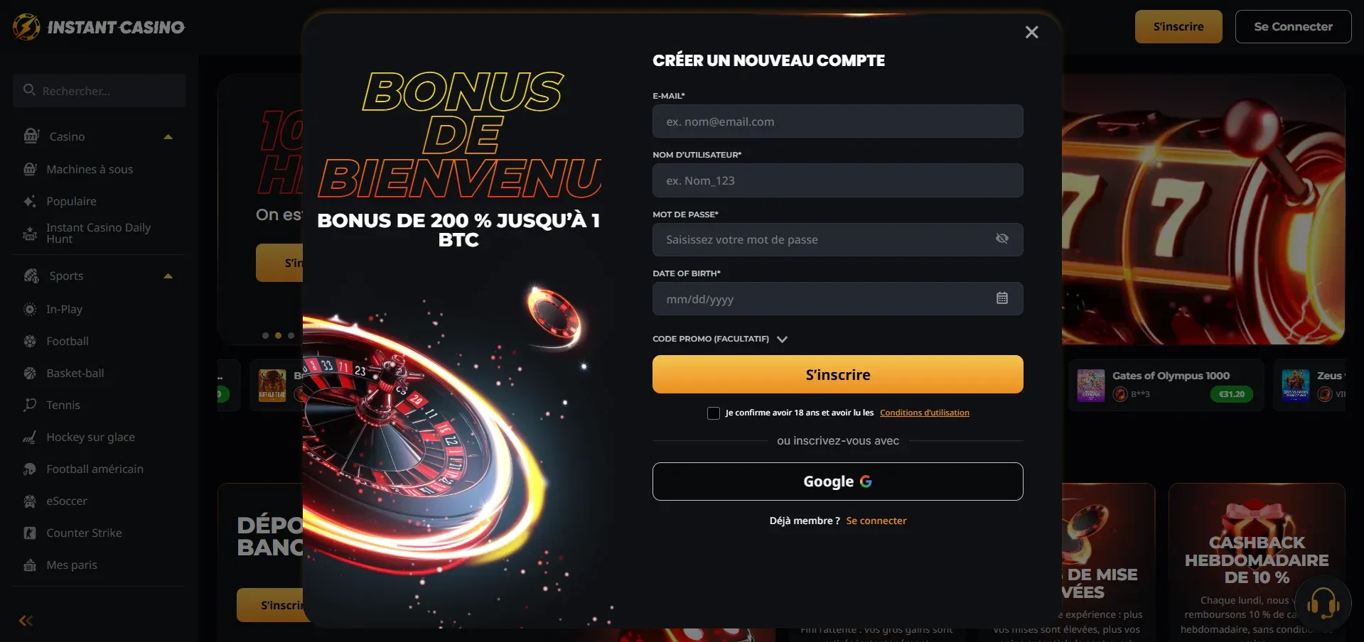 Instant Casino compte